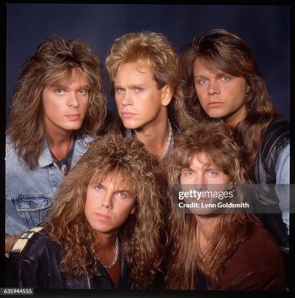 (Original Caption) : 1988- Picture shows the members of the band, Europe, posing head-to-head ina studio. (Photo by Lynn Goldsmith/Corbis/VCG via Getty Images)